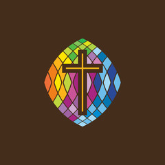 Church logo. Christian symbols. The cross of Jesus in stained glass.