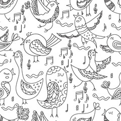 Cute Lovely tribal Bird Singing Summer Seamless Endless Vector Illustration