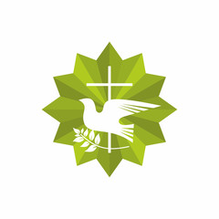 Church logo. Christian symbols. Cross, dove and olive branch.