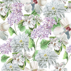  Seamless pattern with flowers. lily. Chrysanthemum. Lilac. Blossom. Watercolor.
