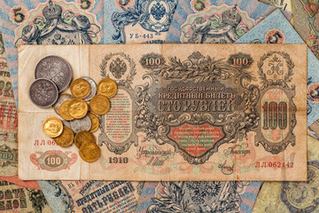 Fototapeta na wymiar Ancient Russian money pocket watch background.Concept Russian an