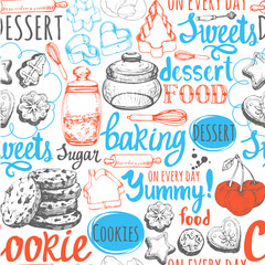 Seamless background with sweet pastries symbols.