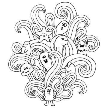 Black and white monsters in the style of a doodle. Coloring pages for adults