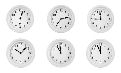 Collage of round wall clocks, isolated on white