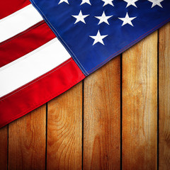 Part of American National Flag on wooden texture background