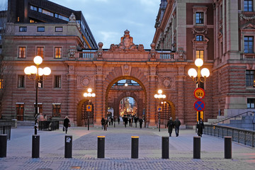 Obraz premium Stockholm, Sweden - March, 16, 2016: night cityscape with the image of a center of Stockholm, Sweden