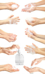 Collage with young beautiful washing hands, isolated on white