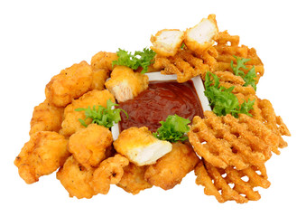 Chicken Nuggets With Lattice Potato Fries And Tomato Sauce Dip