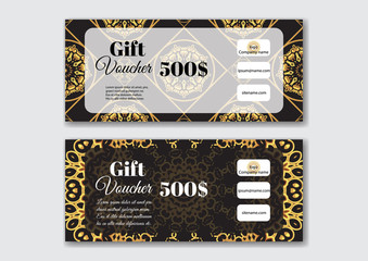 Gift voucher design templates with gold pattern. Vector illustra