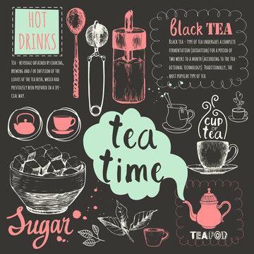 Vector Illustration with tea party symbols on black background. 