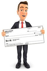 3d businessman holding big bank check