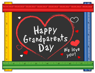 Grandparents Day, USA holiday, first Sunday of September after Labor Day, We love You! Hearts, chalk text on chalkboard, ruler frame for preschool, daycare, kindergarten, nursery, elementary school.