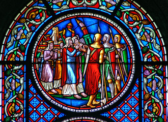 Stained glass window depicting the fall of the walls of Jericho