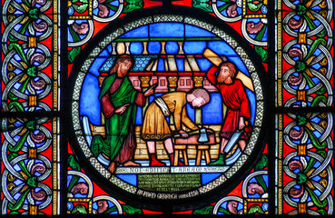  Stained glass window depicting the building of Noahs Ark