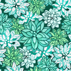 Succulent seamless pattern on a deep green background