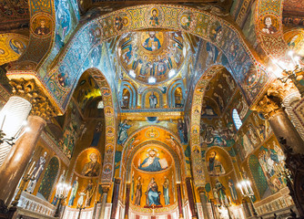 Fototapeta na wymiar Golden mosaics in La Martorana church, Palermo, Italy