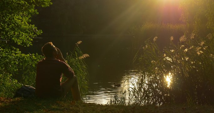 Man is Sitting at the Lake Bank Man's Silhouette Man Has a Rest Cover His Face With Hands Sun Shines to His Face Wild Duck is Swimming Overgrown Bank