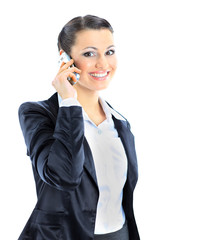 Beautiful business woman talks on the phone. Isolated on a white background.
