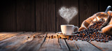 Traditional Coffee Cup With Heart-Shaped Steam On Rustic Wood
