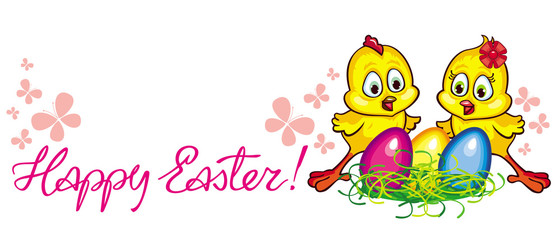 Holiday banner with cartoon chickens, Easter eggs and 