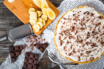 banoffee with banana, decorated by chocolate, authentic english
