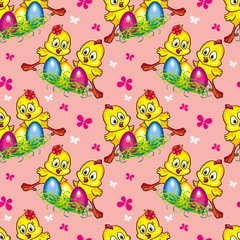 Seamless pattern with easter eggs and chickens on a pink background. Vector clip art.