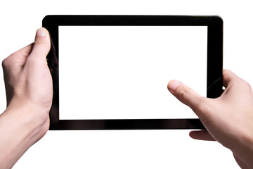 Hold black tablet on hands. Isolated on a white background