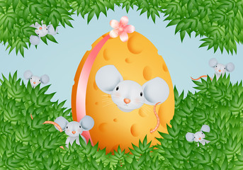 Funny mouse's family with Easter cheese eggs