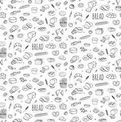 Seamless background hand drawn doodle set of cartoon food Rye bead Ciabatta Whole grain bread Bagel Sliced bead French baguette Croissant Vector illustration Sketchy bread elements collection