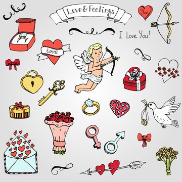 Hand drawn doodle Love and Feelings collection Vector illustration Sketchy Love icons Big set of icons for Valentine's day, Mothers day, wedding, love and romantic events Hearts hands cupid Bouquet