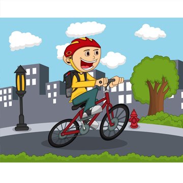 Little boy riding a bicycle with city background cartoon