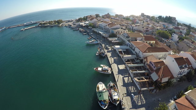 Aerial view of the traditional port of Pythagorio which is located at the greek island of Samos. 4k resolution