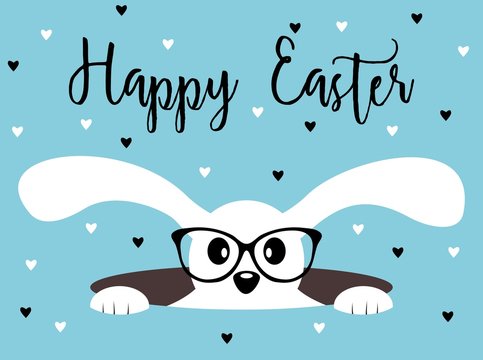 Happy Easter bunny with glasses. Heart background