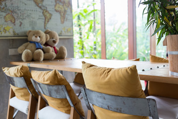 bar stool and wooden table decorated in living room, interior