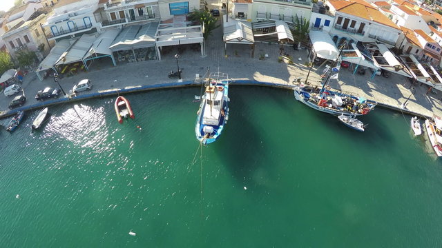 Aerial view of the traditional port of Pythagorio which is located at the greek island of Samos. 4k resolution
