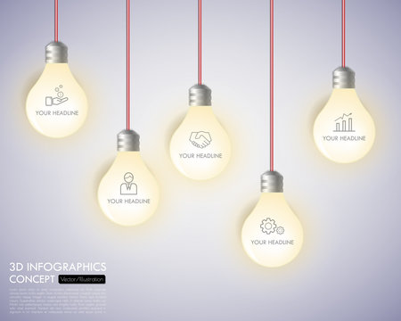 3d light bulb timeline infographics with icons set. vector. illu