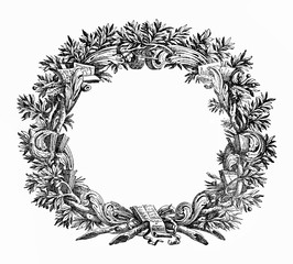 Ornamental frame like a wreath with books, scrolls, ribbons, laurel branches isolalated on white