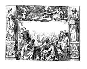 Renaissance allegoric frame with mythological godesses, angel and  people