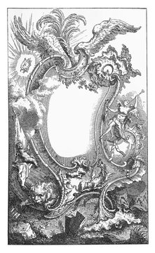 Mirror like ornamental frame with angels, trumpets, wild beast surmounted by spreading wings