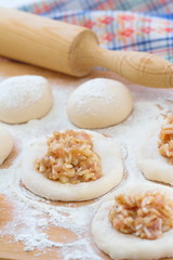 Preparing food. Dough and mince.