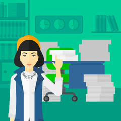 Business woman pointing up with her forefinger.