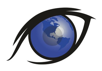Logo with eye and globe.