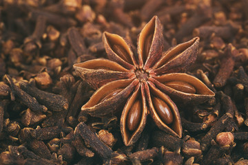 heap of dried cloves and anise star, can be used as background