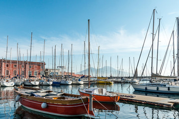 Fototapeta premium view of Naples harbor with boats