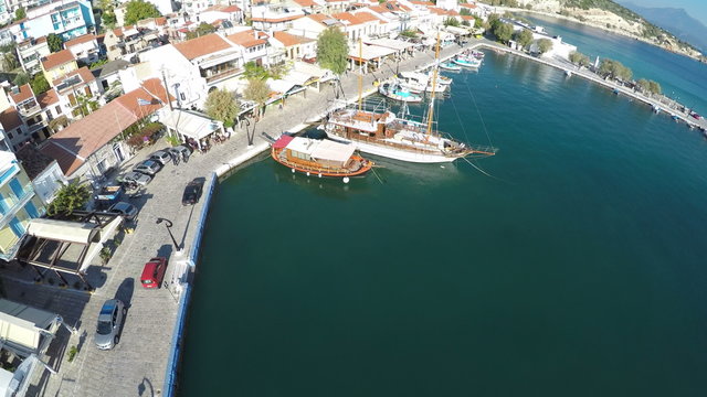 Aerial view of the traditional port of Pythagorio which is located at the greek island of Samos. 4k resolution