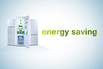 Three refrigerators. Open door, Class A+, A plus, word, energy saving