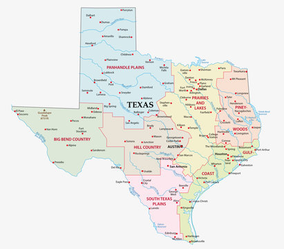 map of the seven regions in the state texas