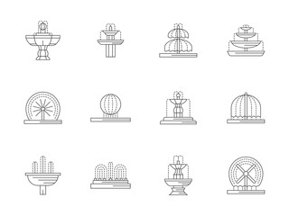 Decorative fountains flat line vector icons set