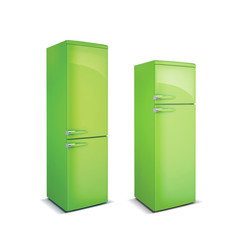 Two Retro green refrigerators, fridge freezers isolated on white
