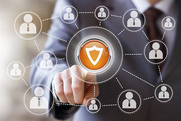 Businessman touch button shield web security virus